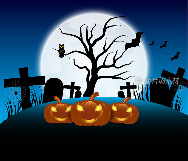 Halloween blue background with pumpkin and full moon. Vector illustration